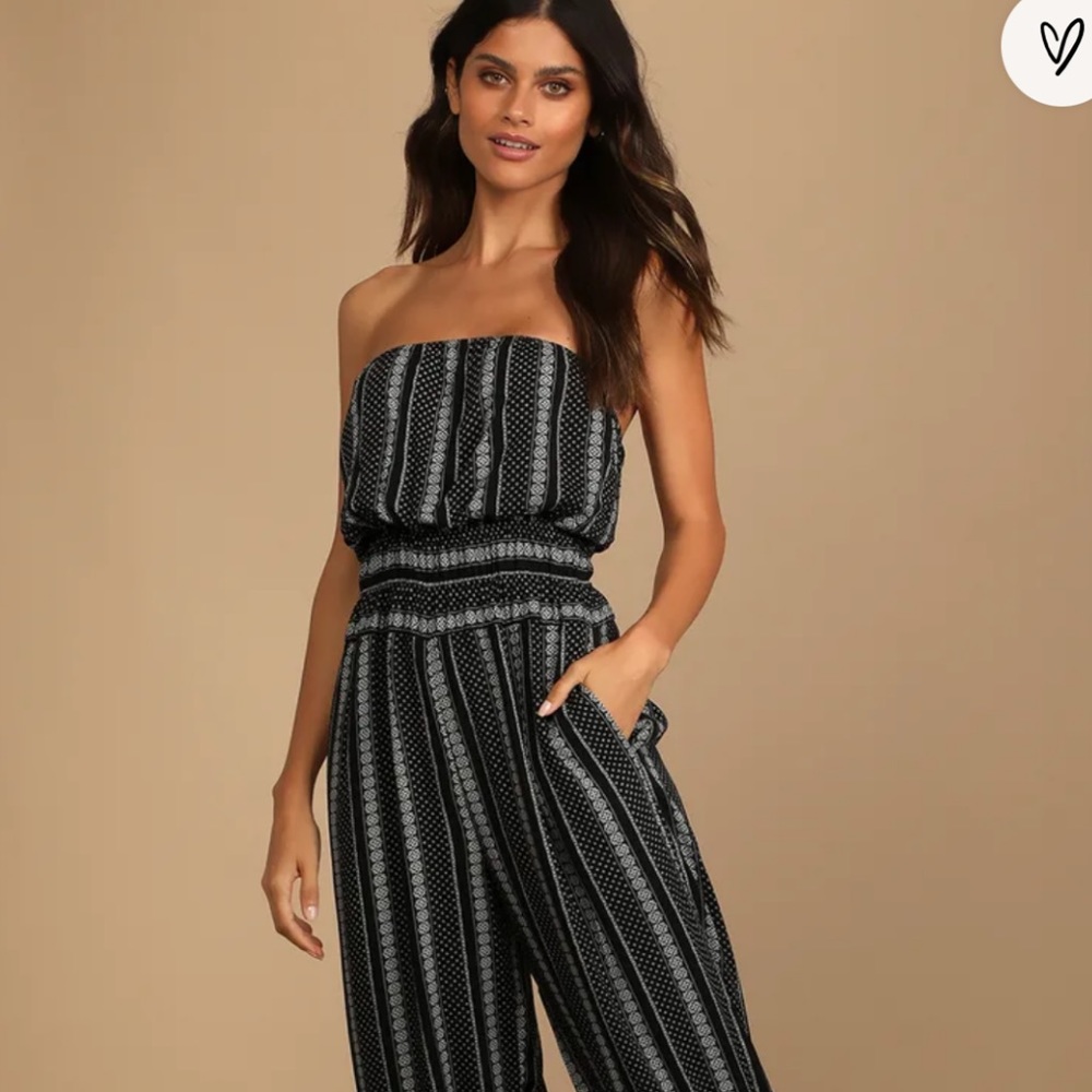Lulus Black and White Print Strapless Jumpsuit